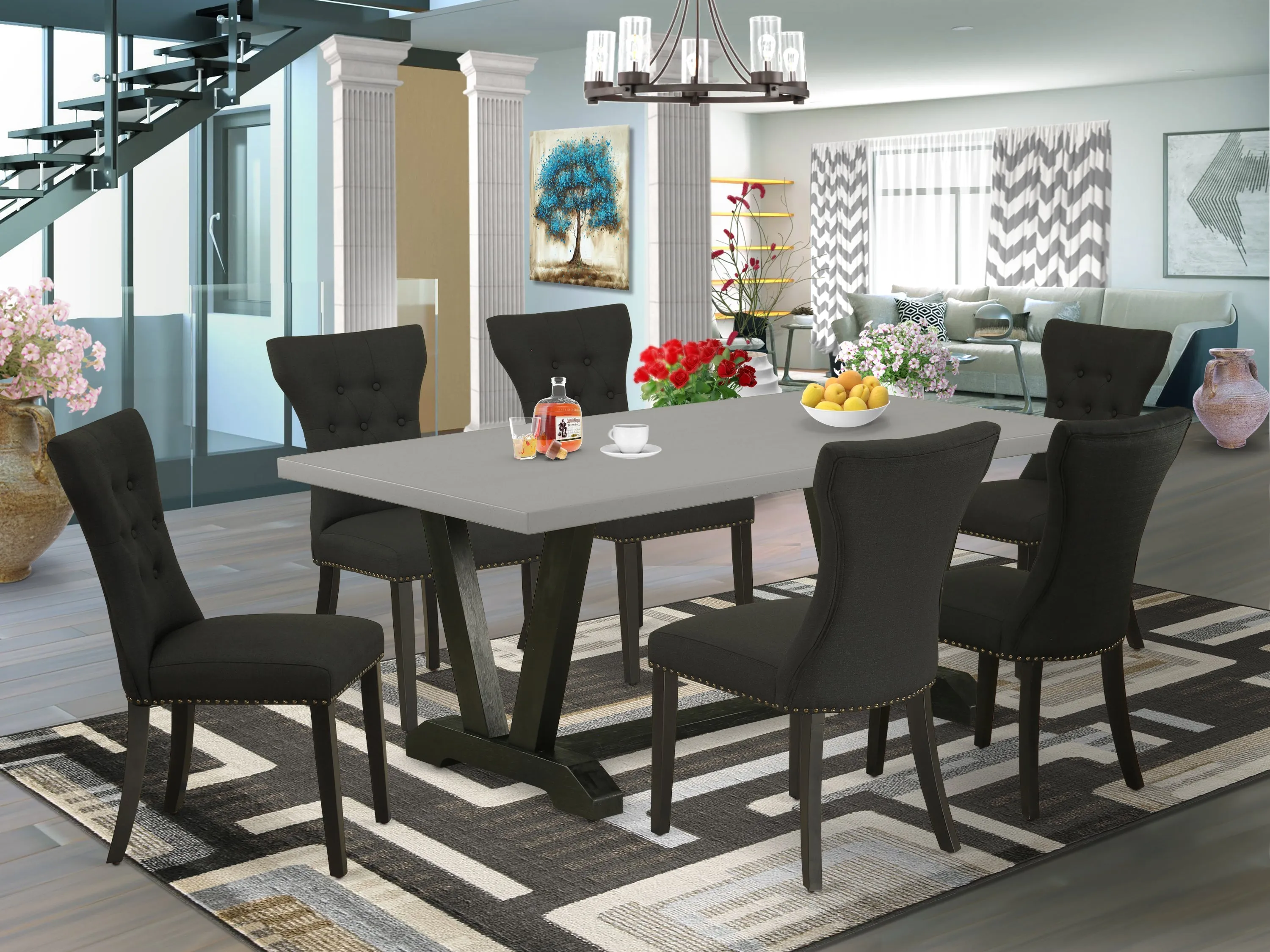 East West Furniture V697GA124-7 7 Piece Dining Table Set Consist of a Rectangle Dining Room Table with V-Legs and 6 Black Linen Fabric Parsons Chairs, 40x72 Inch, Multi-Color