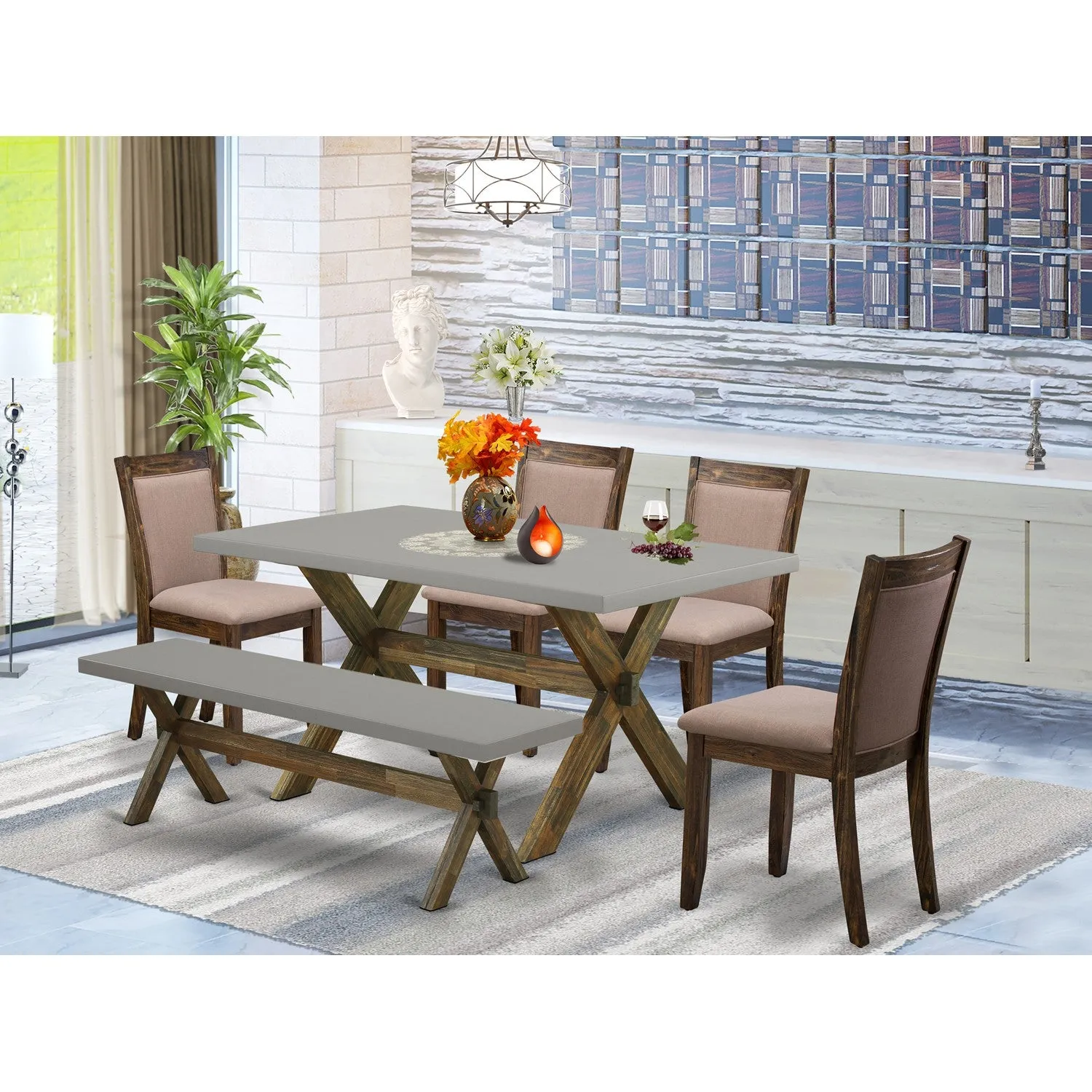 East West Furniture X796MZ748-6 6 Piece Dining Set Contains a Rectangle Dining Room Table with X-Legs and 4 Coffee Linen Fabric Upholstered Chairs with a Bench, 36x60 Inch, Multi-Color